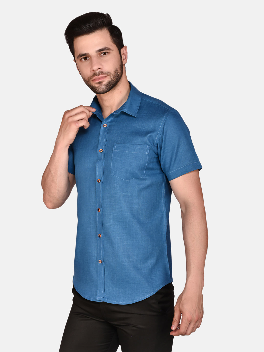 Blue Cotton Linen Solid Shirt for Men | PRINTCULTR