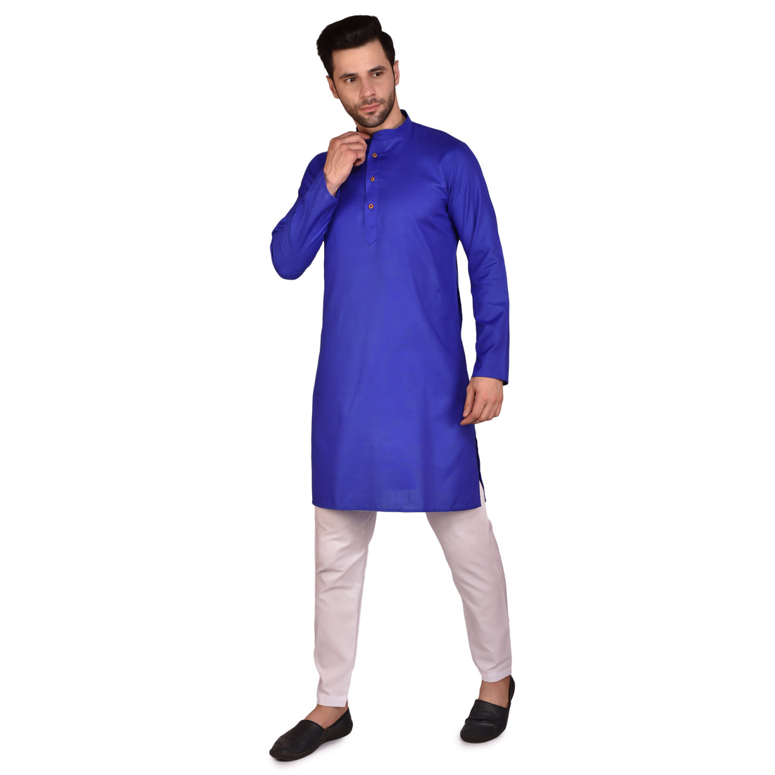 BOWLIFESTYLE Royal Blue Solid Cotton Kurta Pant Set