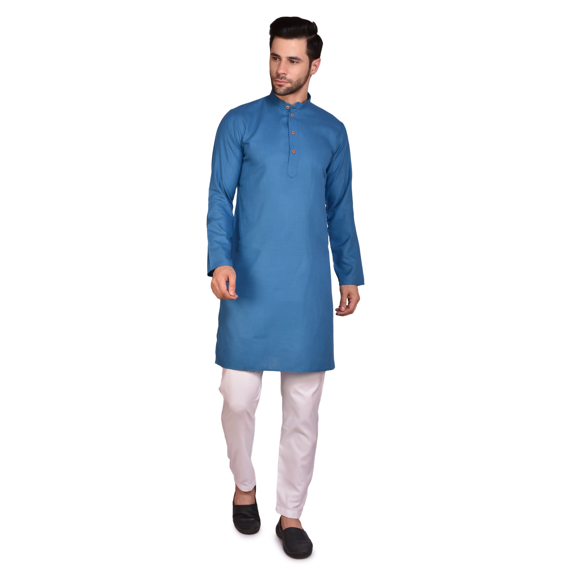 BOWLIFESTYLE Blue Solid Cotton Kurta Pant Set