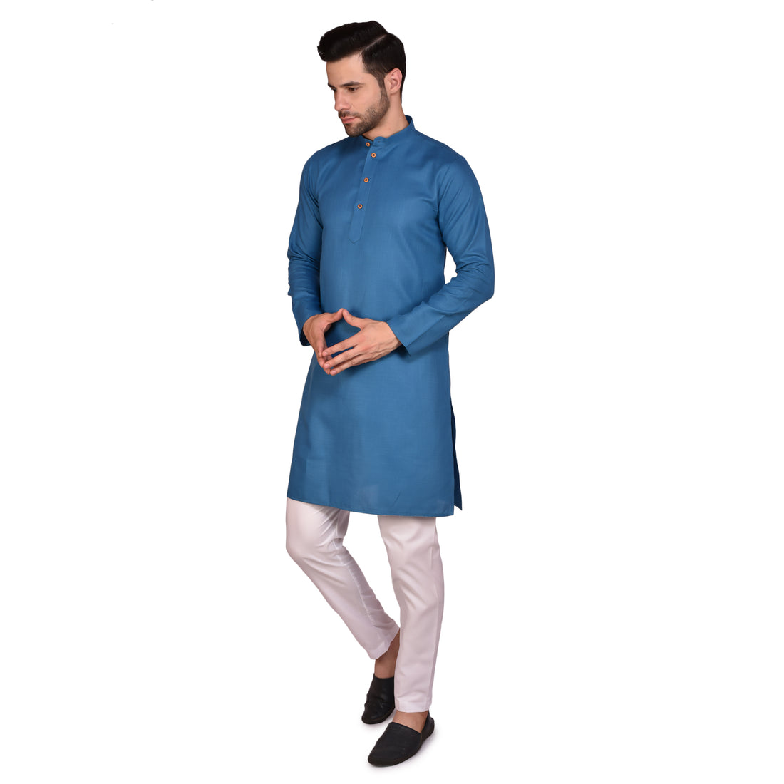 BOWLIFESTYLE Blue Solid Cotton Kurta Pant Set