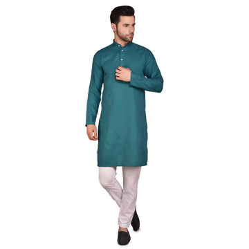 BOWLIFESTYLE Teal Solid Cotton Kurta Pant Set