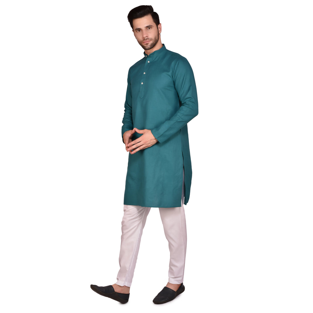 BOWLIFESTYLE Teal Solid Cotton Kurta Pant Set