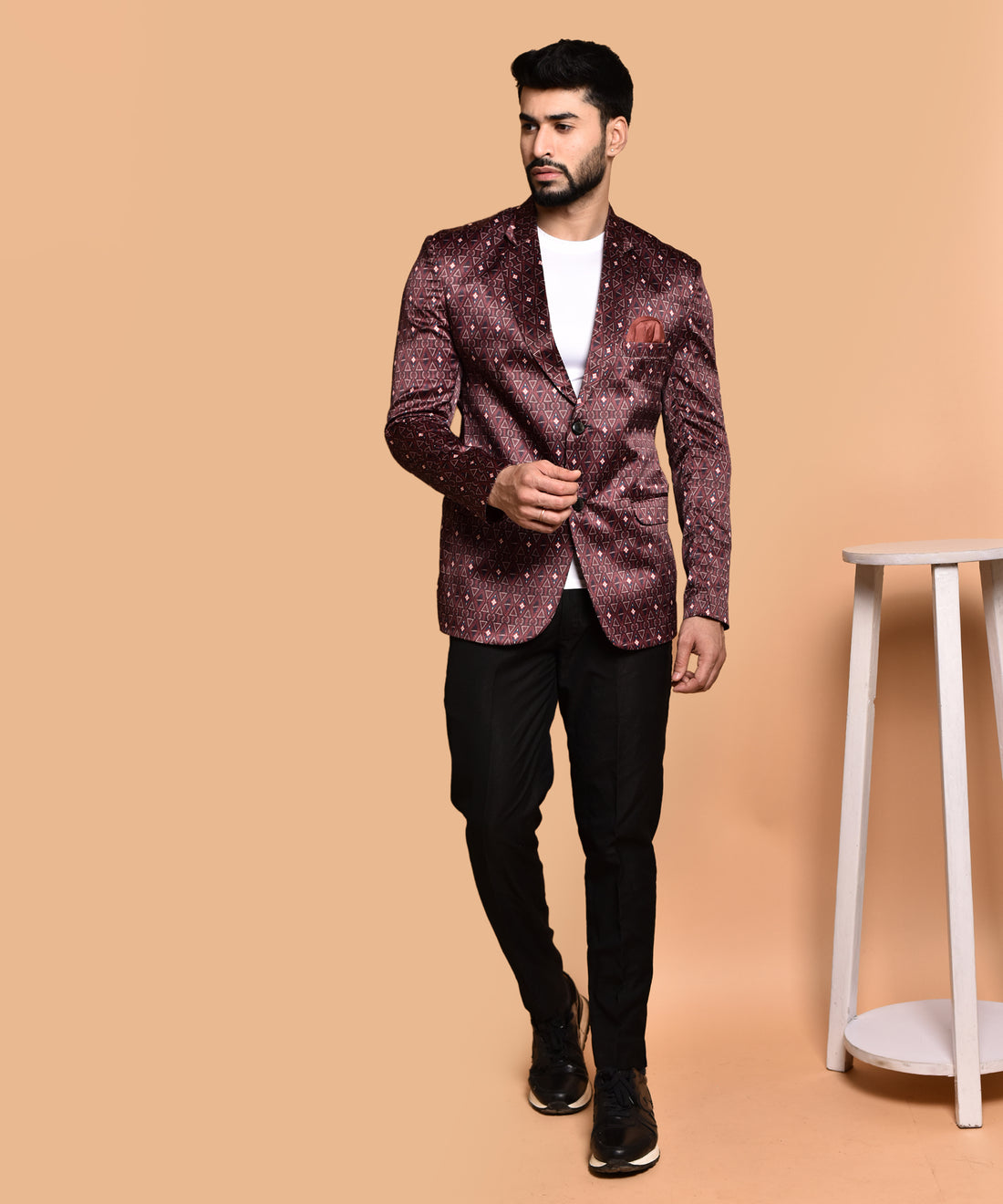 BOWLIFESTYLE Brown Multi Cotton Blend Printed Blazer