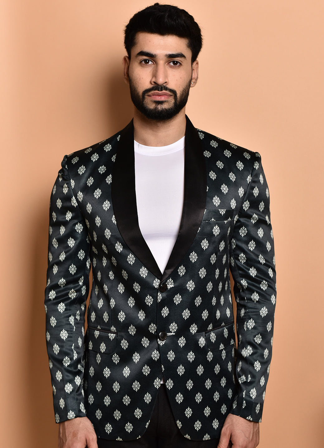 BOWLIFESTYLE Dark Green White Cotton Blend Printed Blazer