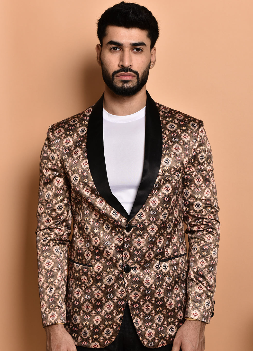 BOWLIFESTYLE Brown Multi Cotton Blend Printed Blazer