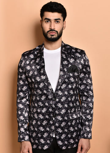 BOWLIFESTYLE Black-White Cotton Blend Printed Blazer