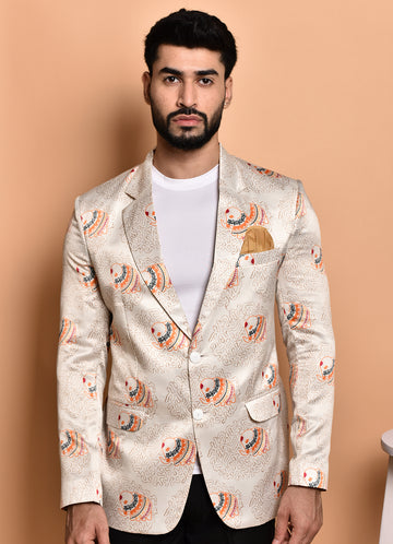 BOWLIFESTYLE Cream Multi Cotton Blend Printed Blazer