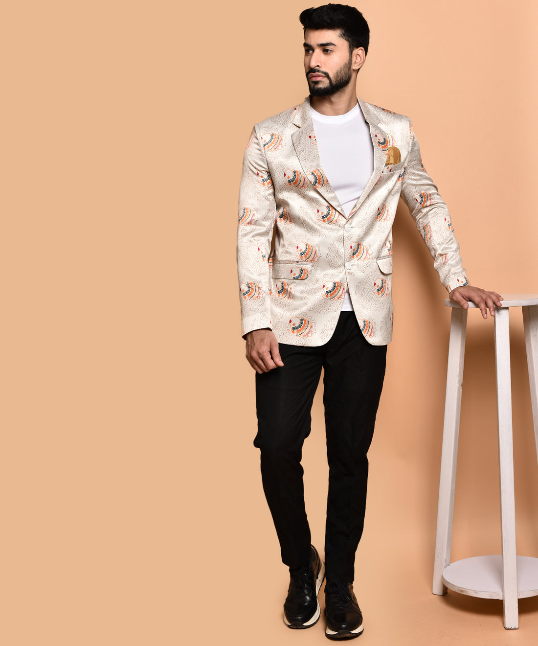 BOWLIFESTYLE Cream Multi Cotton Blend Printed Blazer