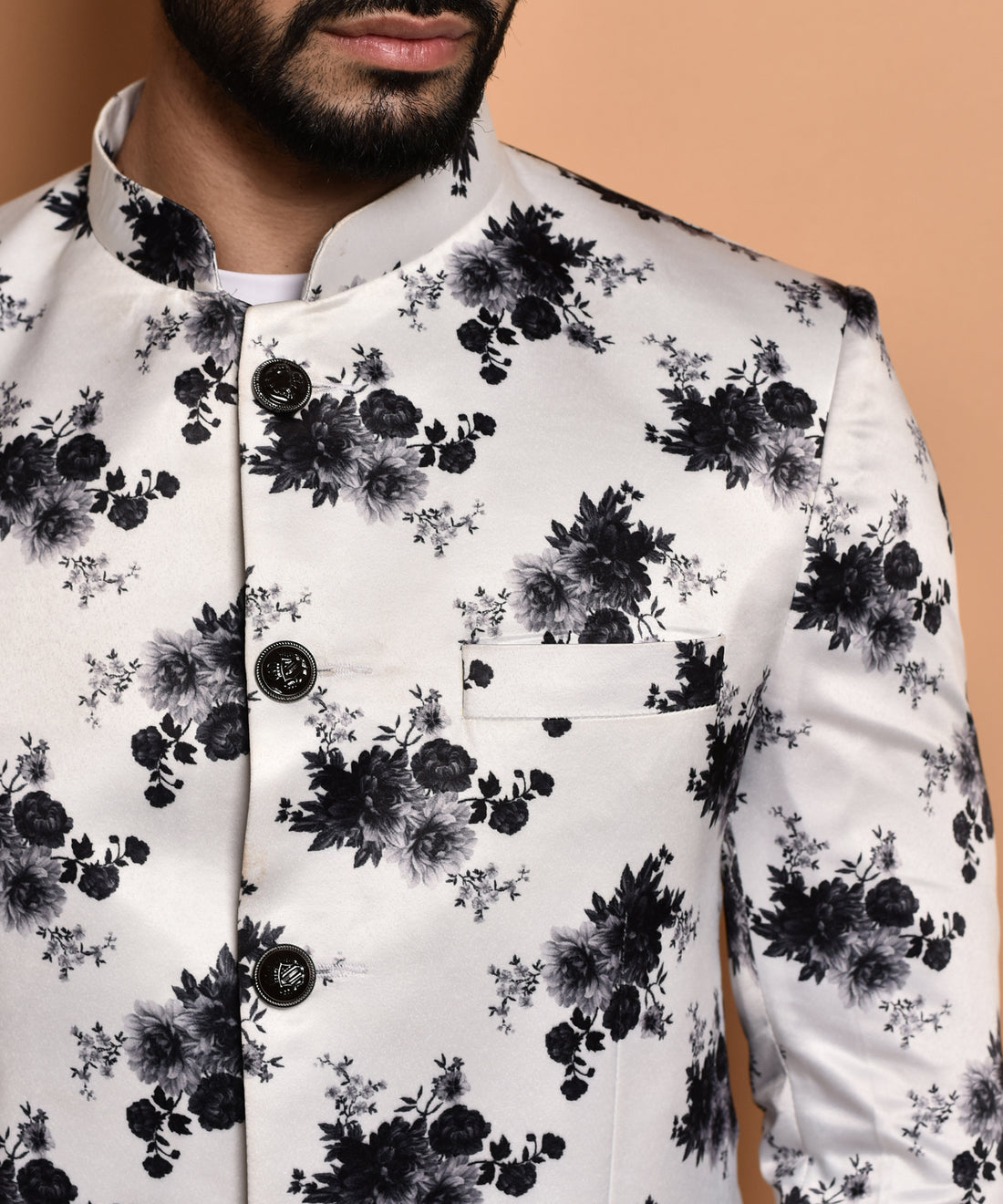 BOWLIFESTYLE White-Black Cotton Blend Printed Blazer