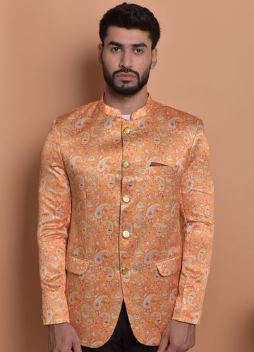 BOWLIFESTYLE Orange Multi Cotton Blend Printed Blazer