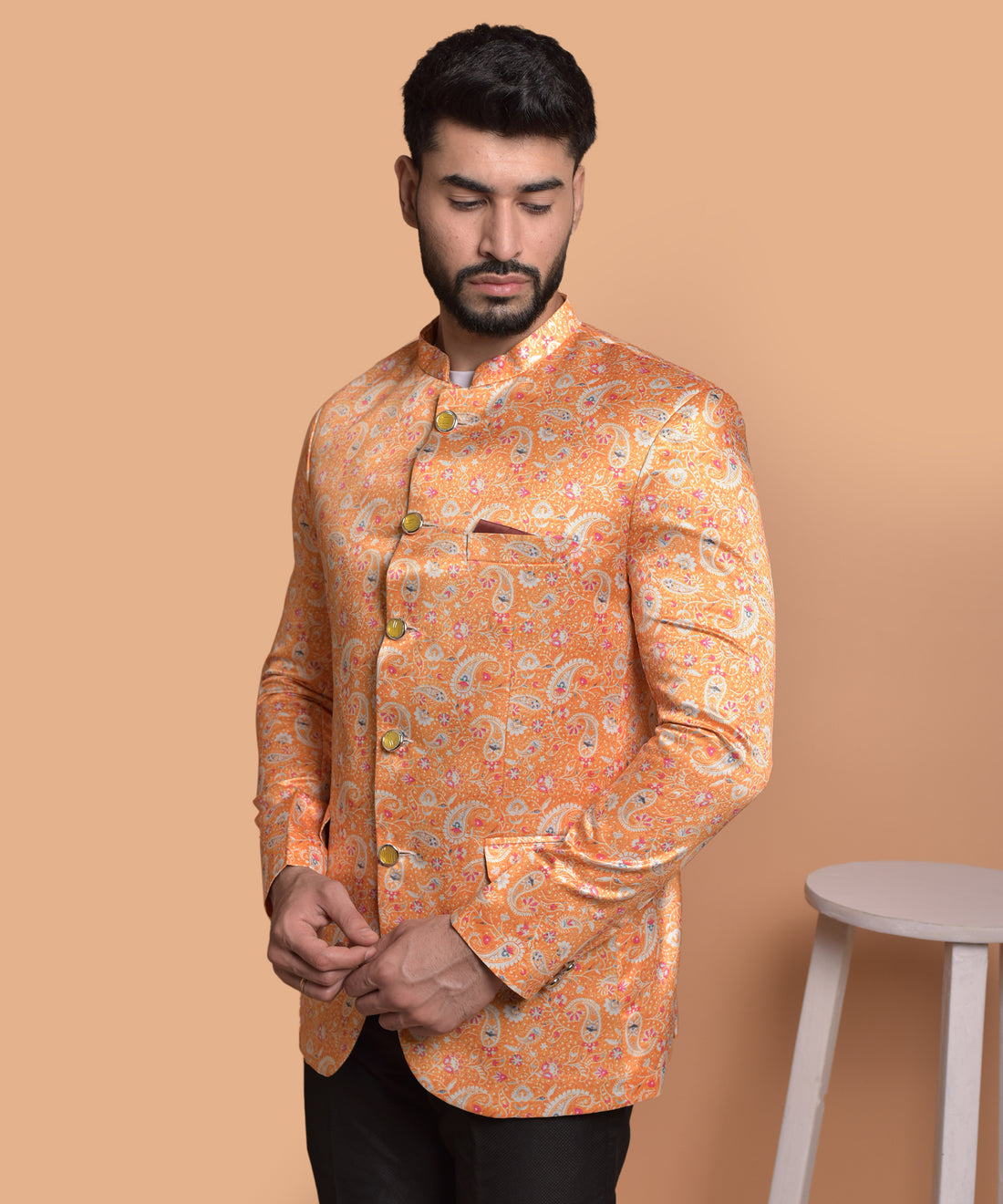 BOWLIFESTYLE Orange Multi Cotton Blend Printed Blazer