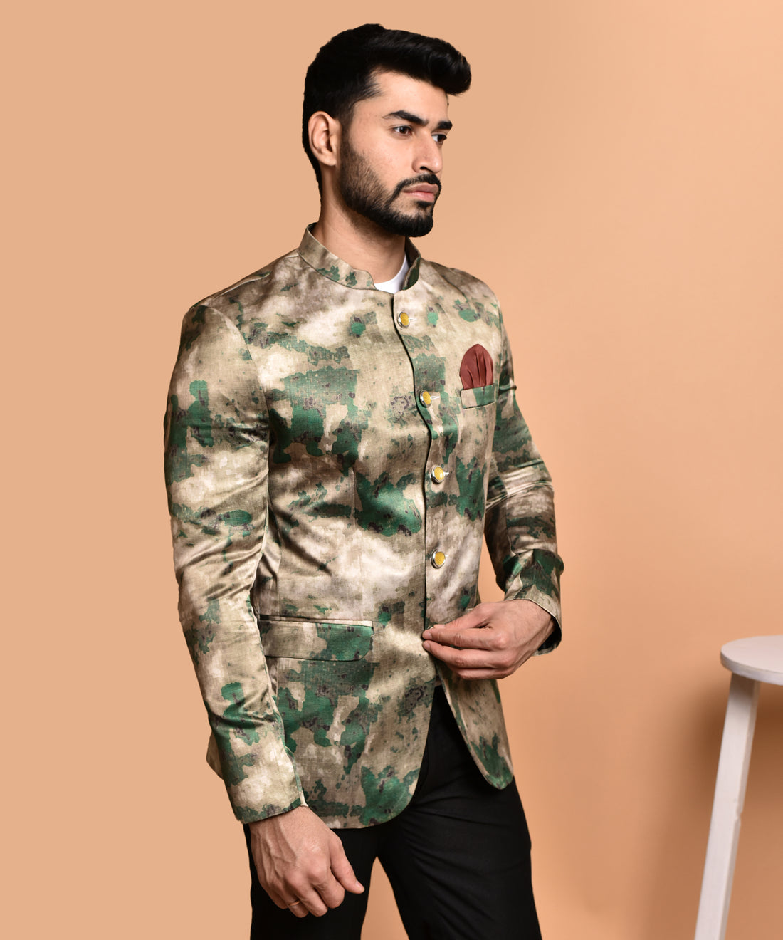 BOWLIFESTYLE Khaki Green Cotton Blend Printed Blazer