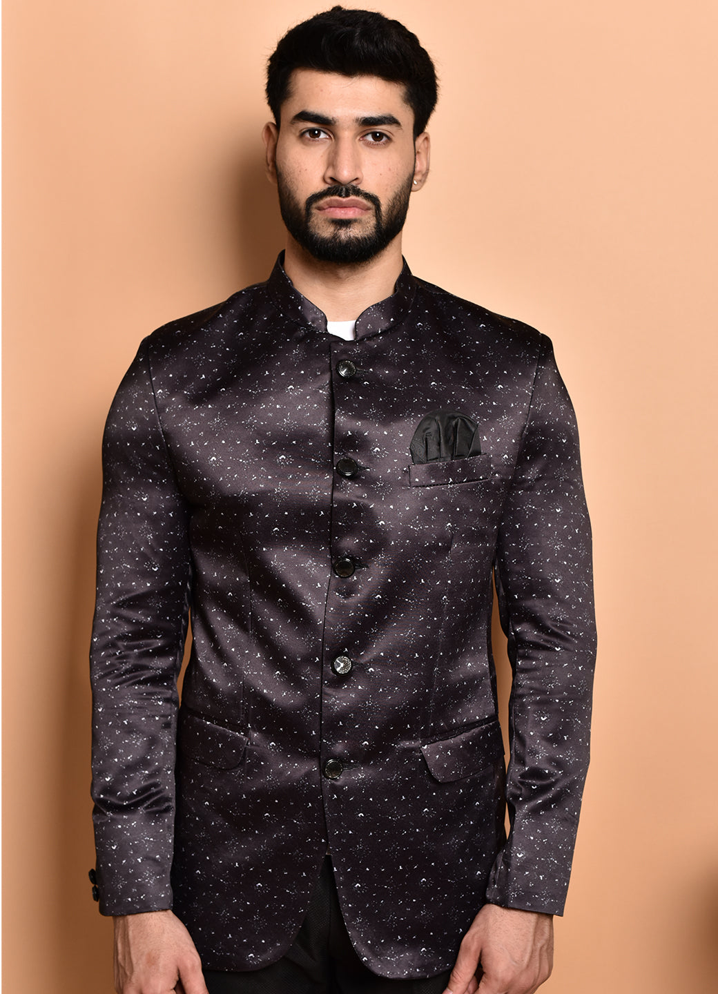 BOWLIFESTYLE Black-White Cotton Blend Printed Blazer