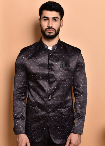 BOWLIFESTYLE Black-White Cotton Blend Printed Blazer