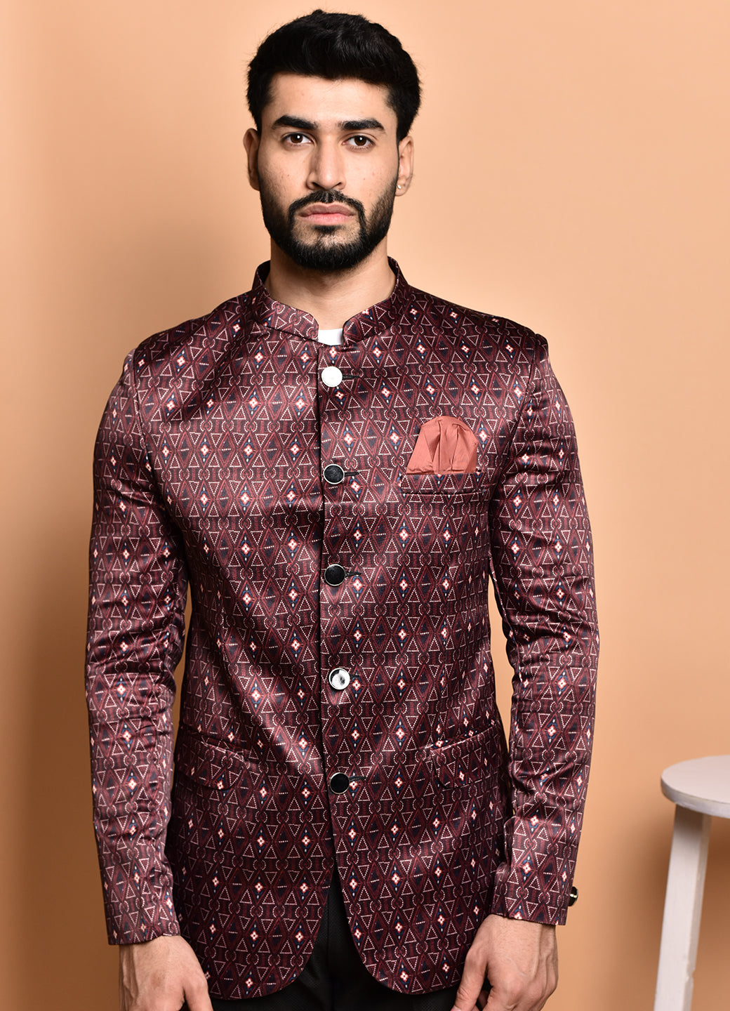 BOWLIFESTYLE Brown Multi Cotton Blend Printed Blazer