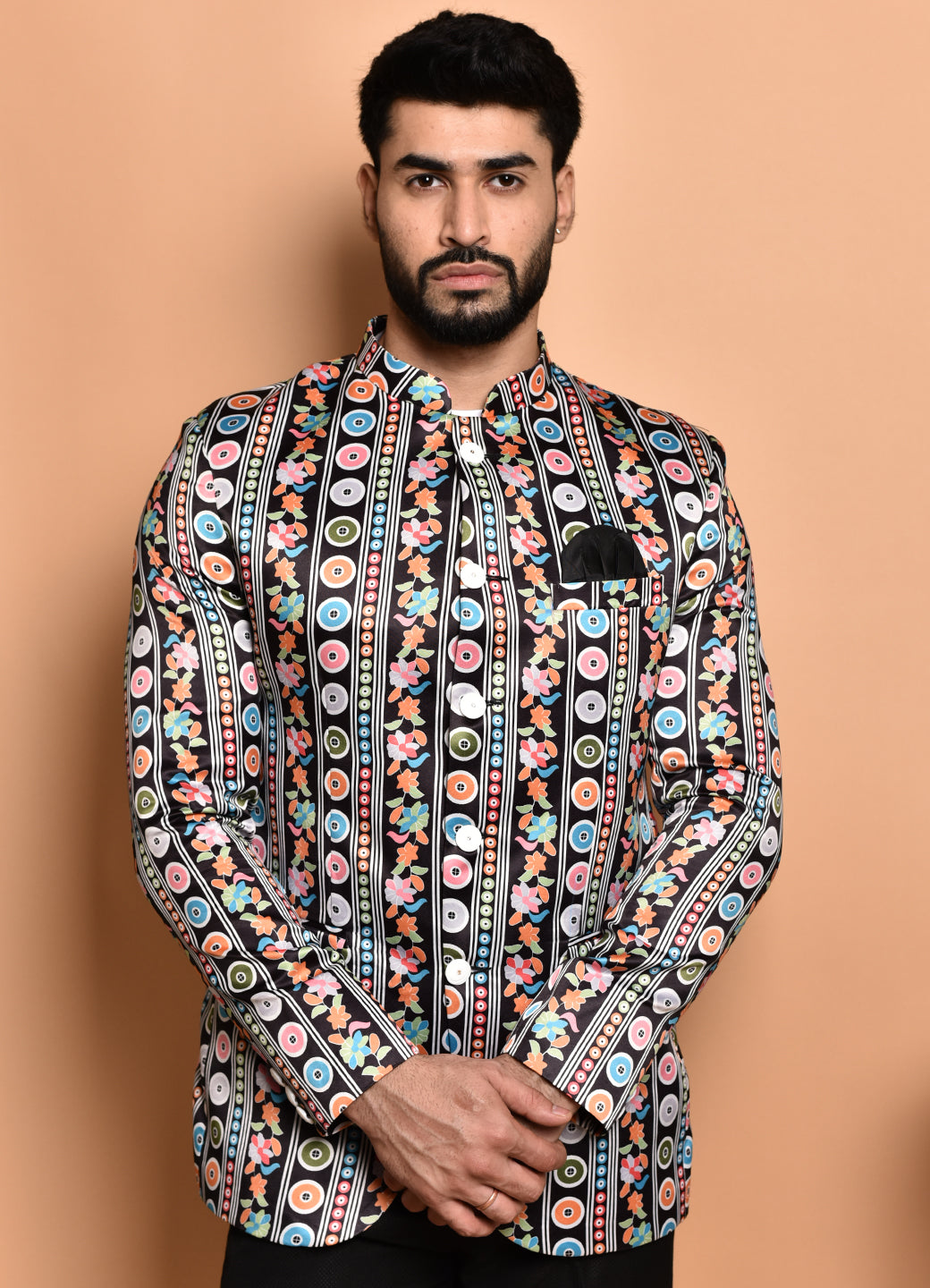 BOWLIFESTYLE Black Multi Cotton Blend Printed Blazer