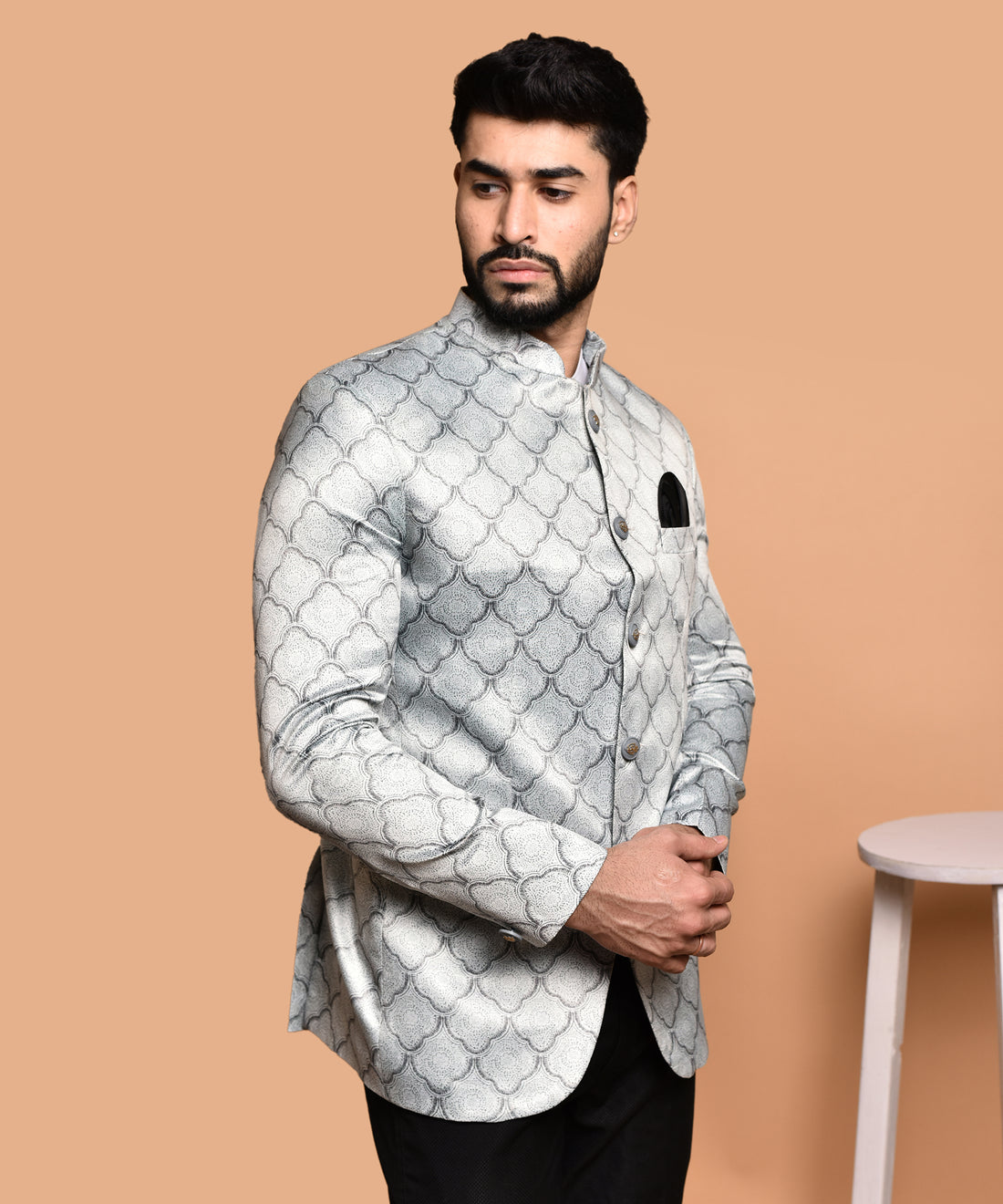 BOWLIFESTYLE Silver Cotton Blend Printed Blazer