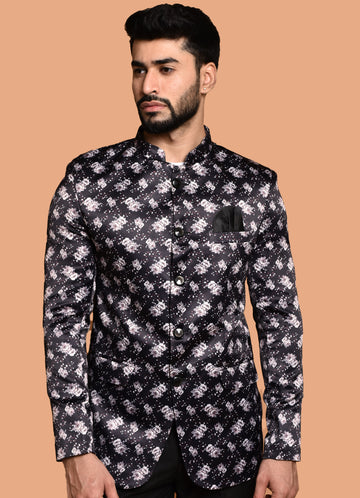 BOWLIFESTYLE Black-White Cotton Blend Printed Blazer