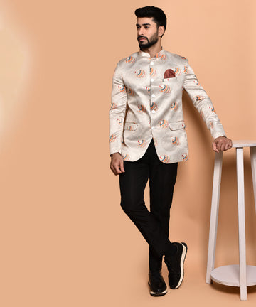 BOWLIFESTYLE Cream Multi Cotton Blend Printed Blazer