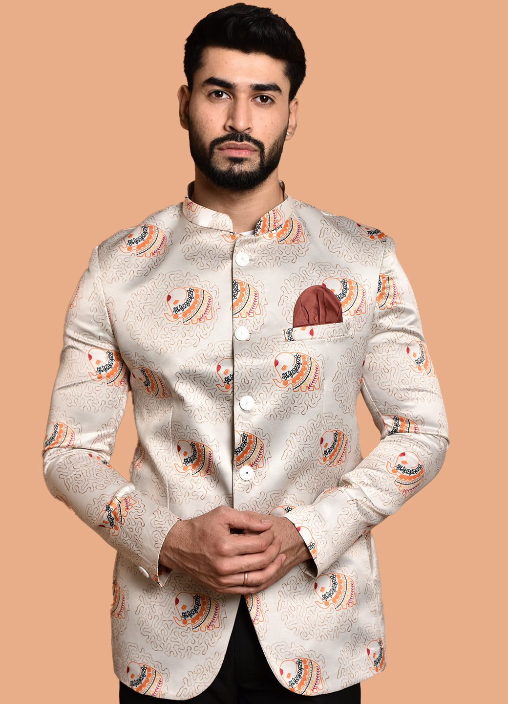 BOWLIFESTYLE Cream Multi Cotton Blend Printed Blazer