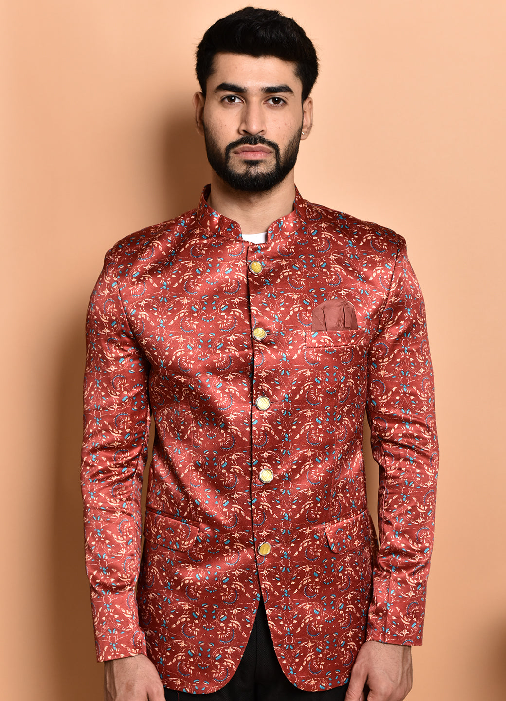 BOWLIFESTYLE Maroon Multi Cotton Blend Printed Blazer