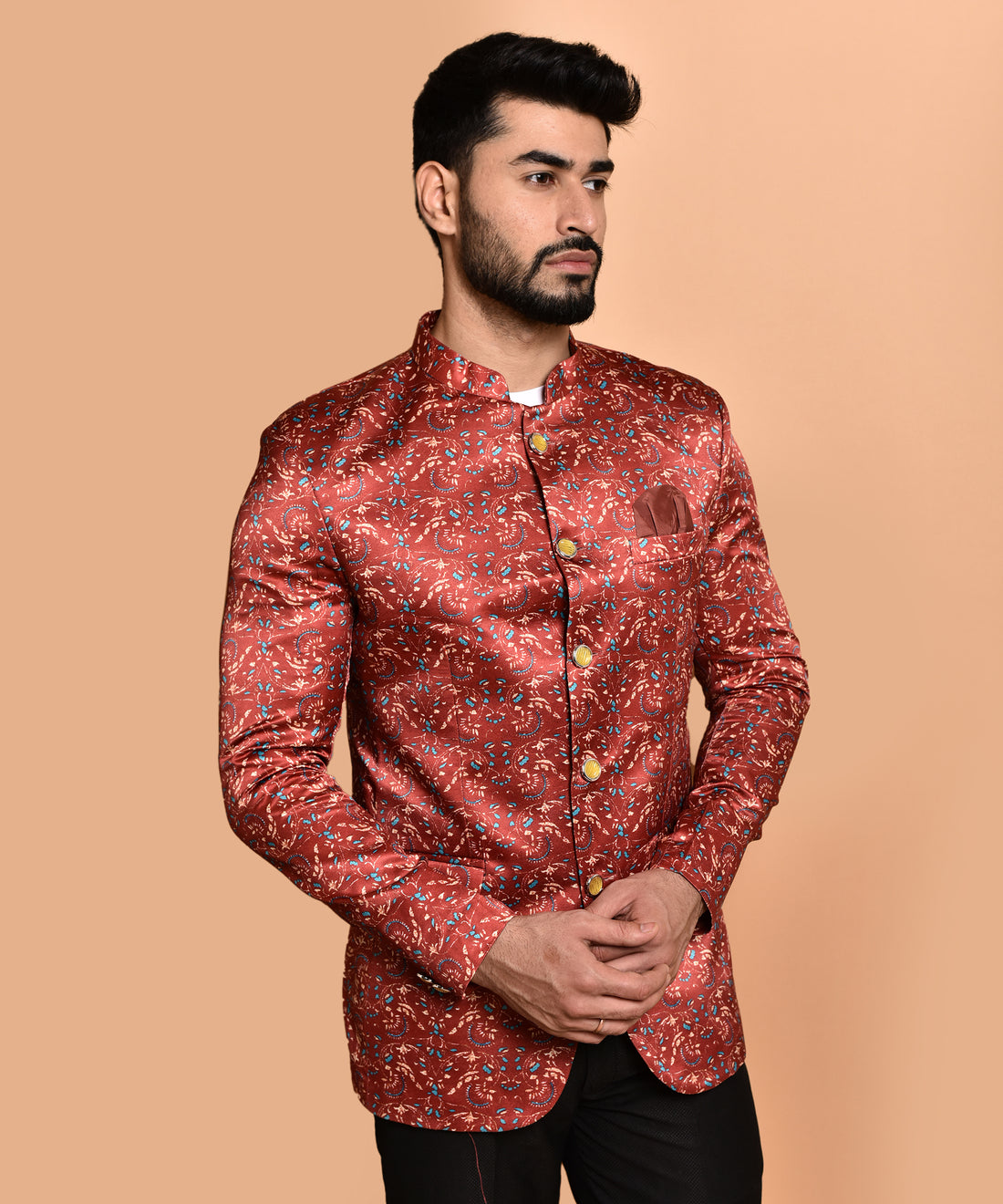 BOWLIFESTYLE Maroon Multi Cotton Blend Printed Blazer