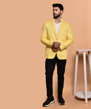 BOWLIFESTYLE Yellow Cotton Blend Solid Blazer