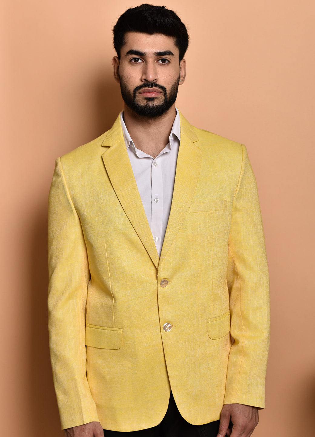 BOWLIFESTYLE Yellow Cotton Blend Solid Blazer