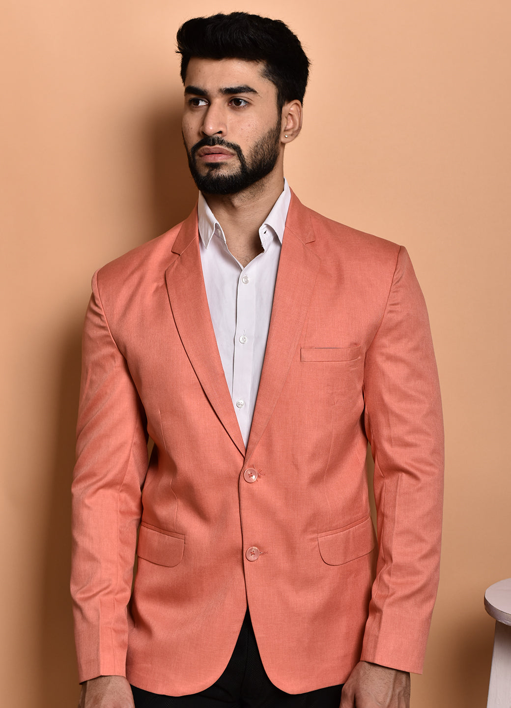 BOWLIFESTYLE Peach Cotton Blend Solid Blazer