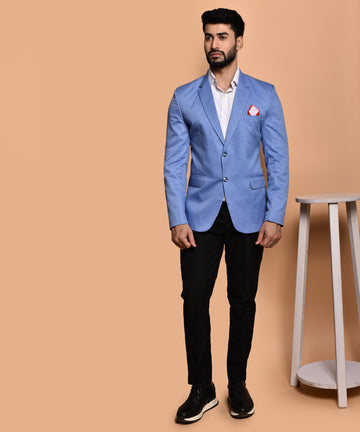 BOWLIFESTYLE Blue Cotton Blend Solid Blazer