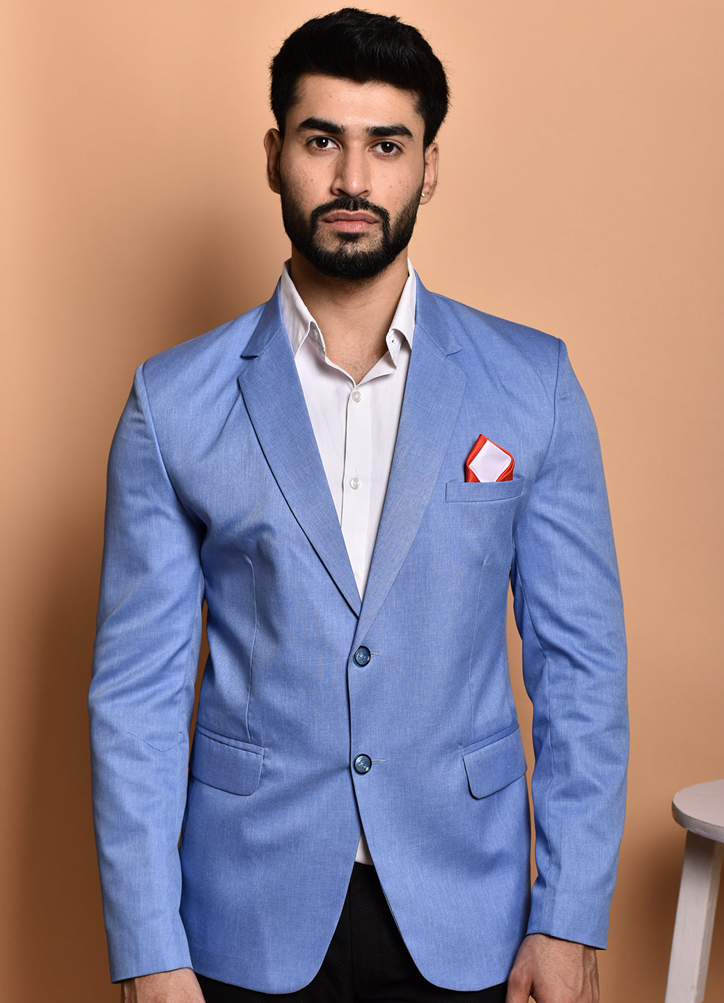 BOWLIFESTYLE Blue Cotton Blend Solid Blazer