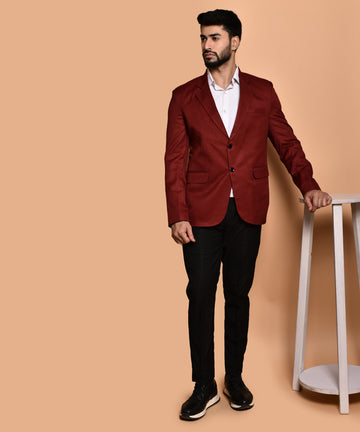 BOWLIFESTYLE Maroon Cotton Blend Solid Blazer