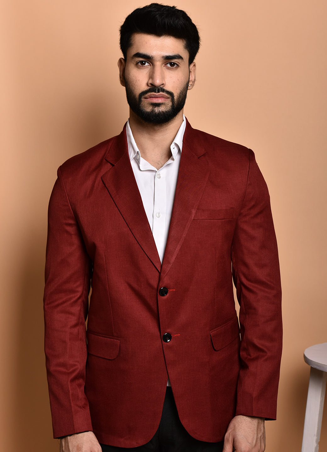 BOWLIFESTYLE Maroon Cotton Blend Solid Blazer