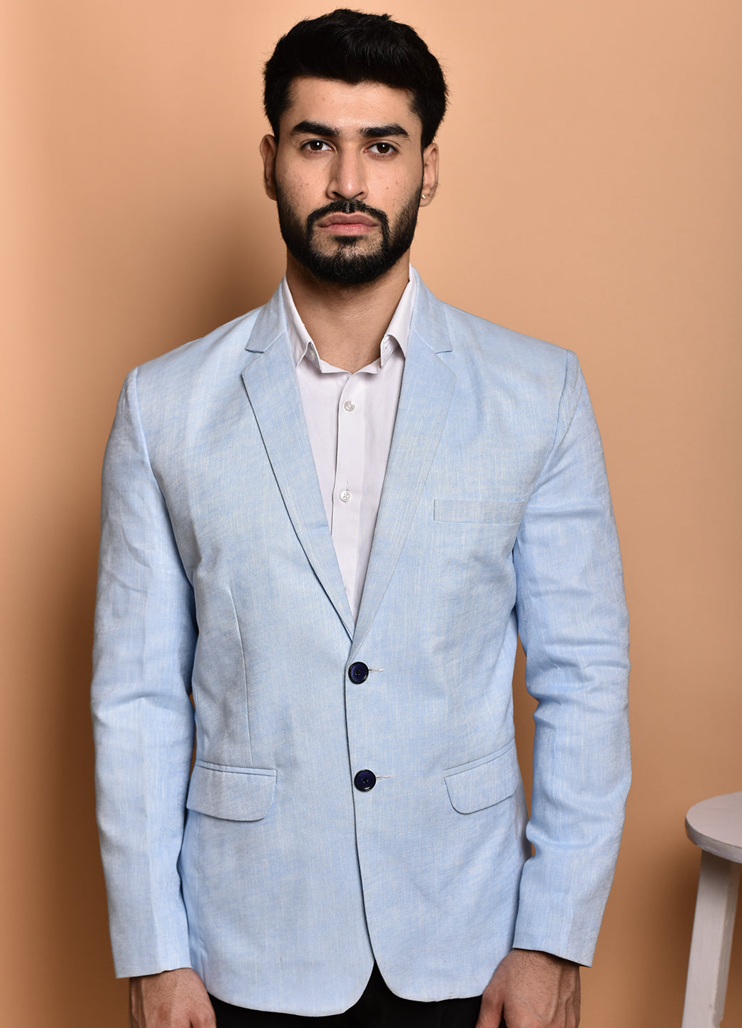 BOWLIFESTYLE Sky Blue Cotton Blend Solid Blazer