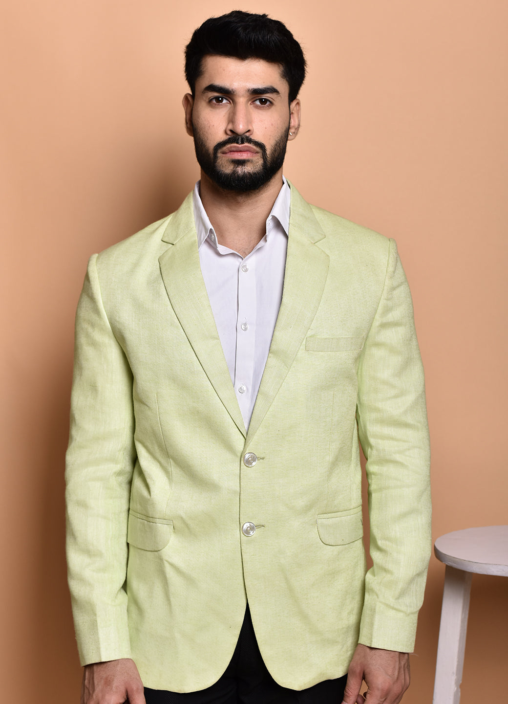 BOWLIFESTYLE Cream Cotton Blend Solid Blazer