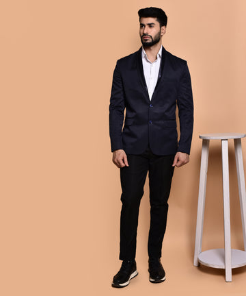 BOWLIFESTYLE Navy Blue Cotton Blend Solid Blazer