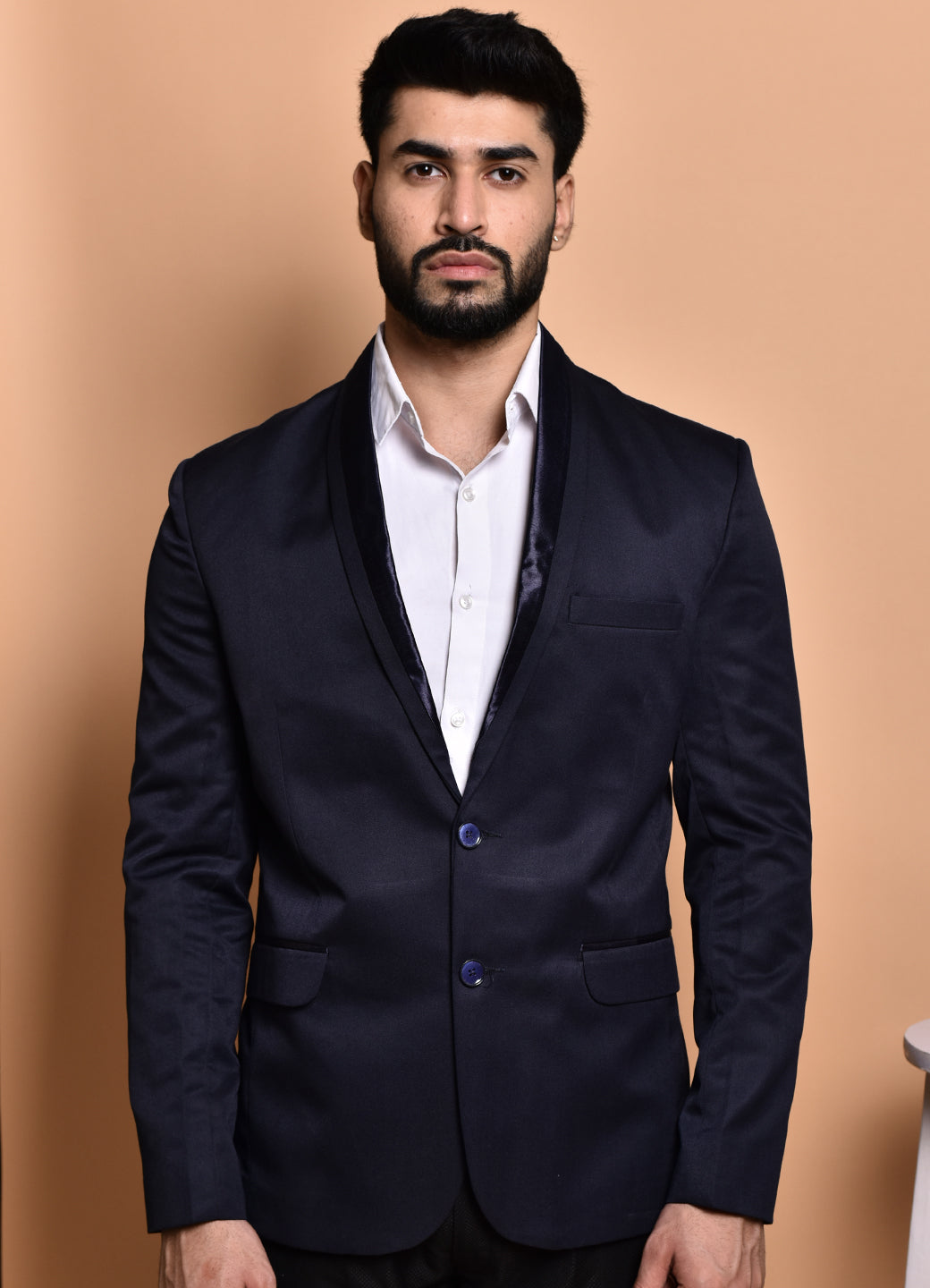 BOWLIFESTYLE Navy Blue Cotton Blend Solid Blazer