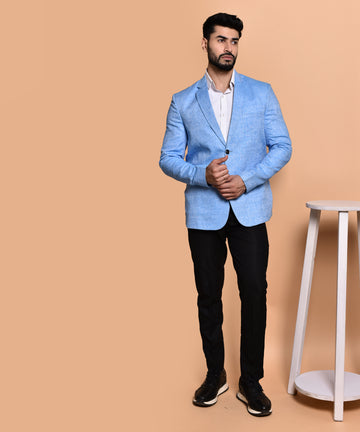 BOWLIFESTYLE Blue Cotton Blend Solid Blazer