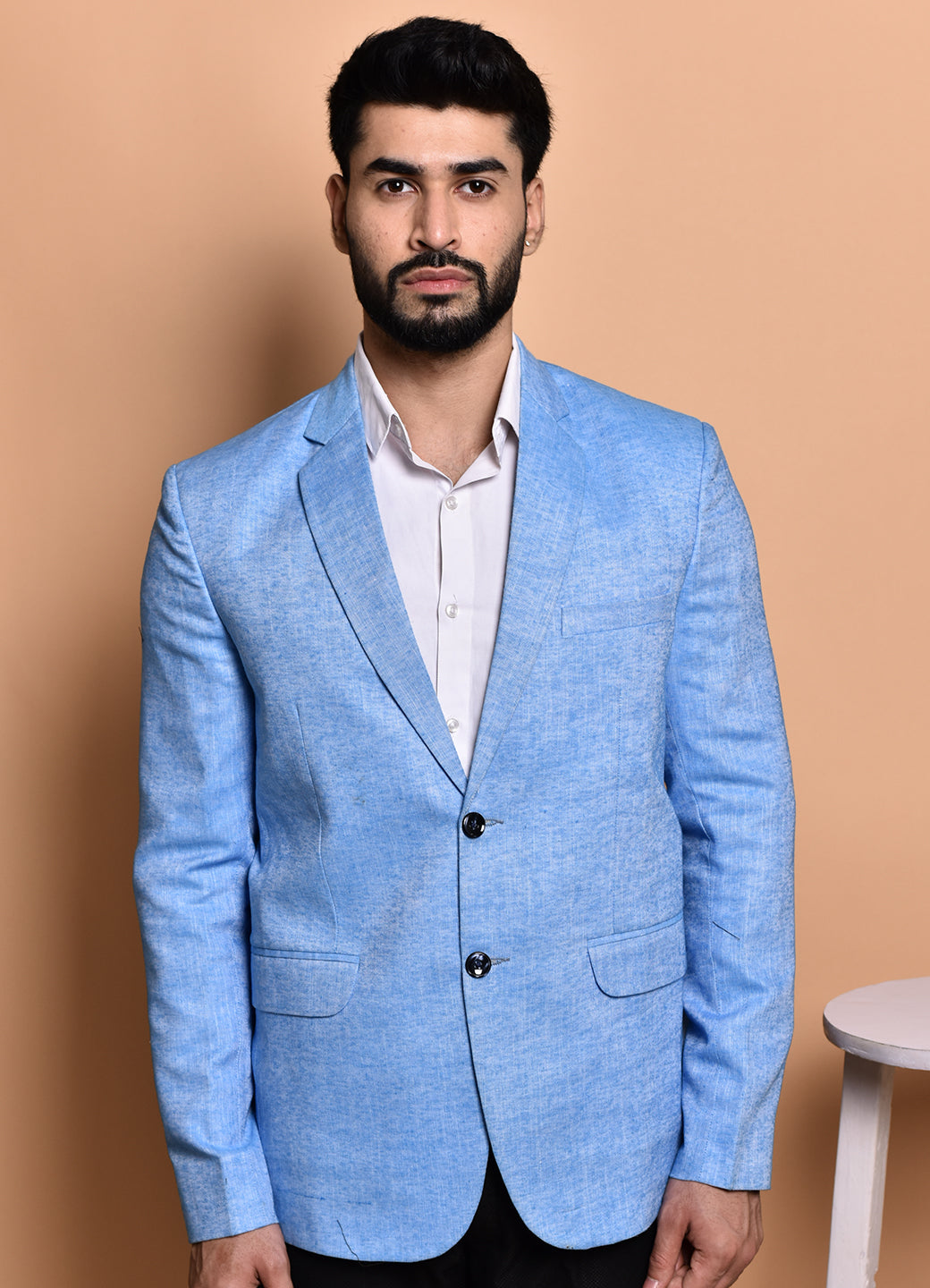 BOWLIFESTYLE Blue Cotton Blend Solid Blazer