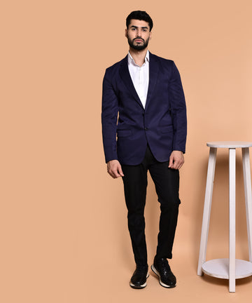 BOWLIFESTYLE Navy Blue Cotton Blend Solid Blazer