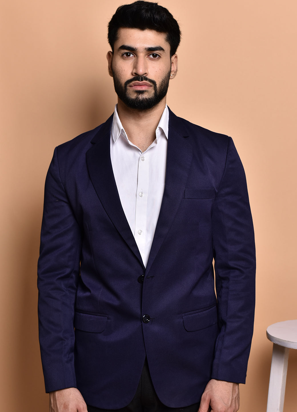 BOWLIFESTYLE Navy Blue Cotton Blend Solid Blazer