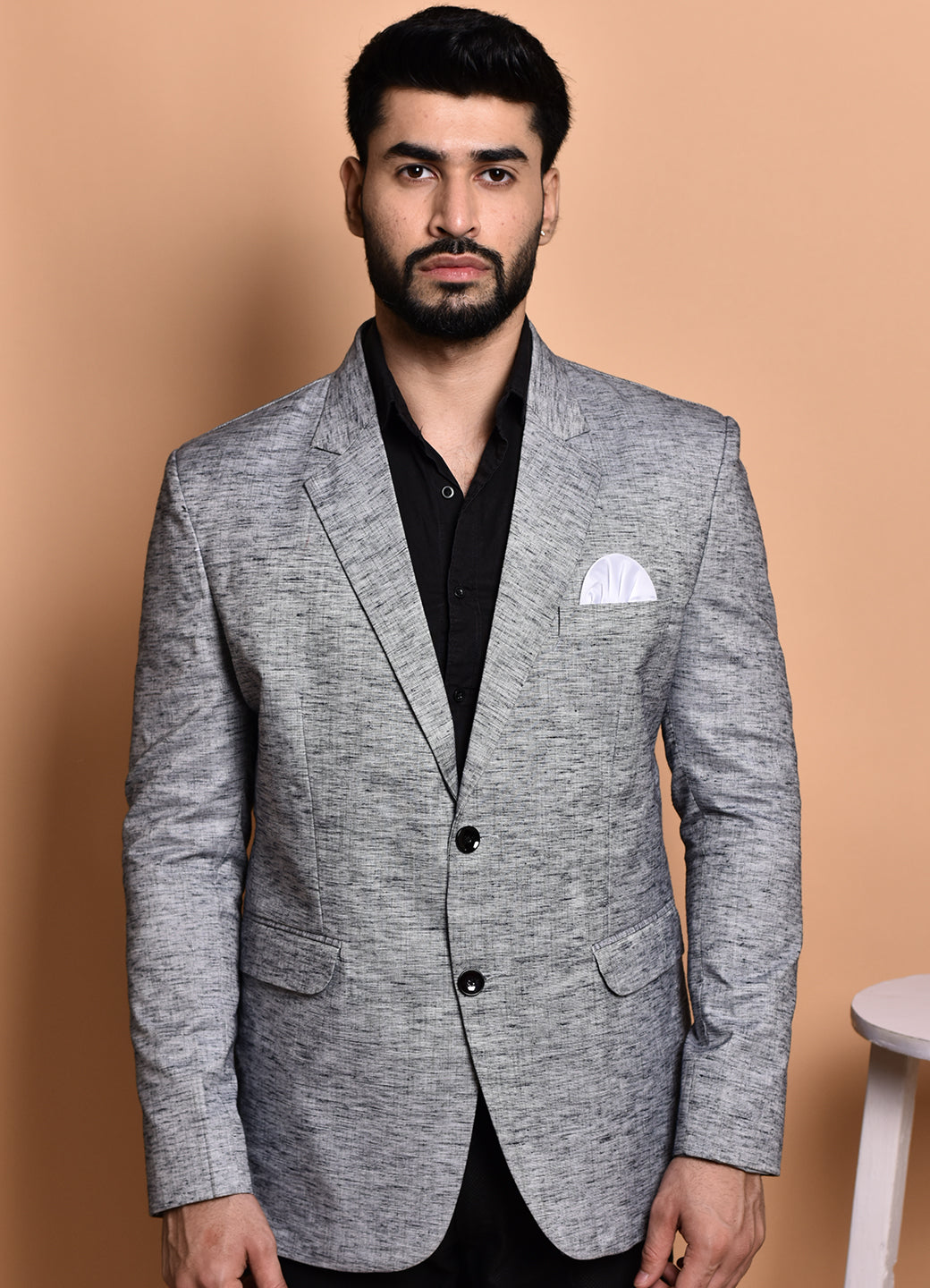 BOWLIFESTYLE Grey Cotton Blend Solid Blazer