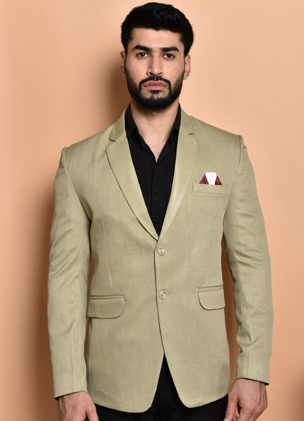 BOWLIFESTYLE Khaki Cotton Blend Solid Blazer