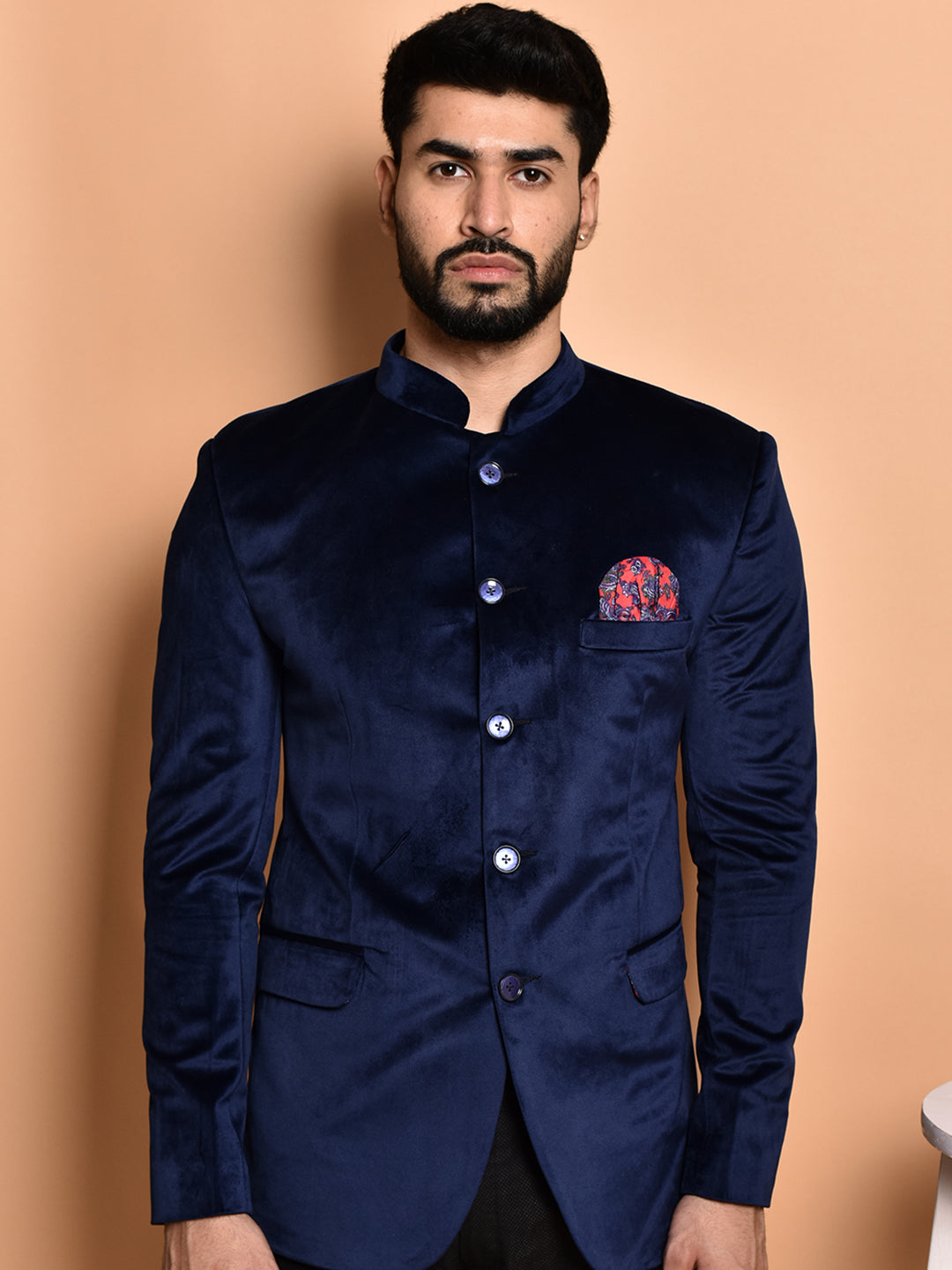 BOWLIFESTYLE Navy Blue Velvet Solid Blazer