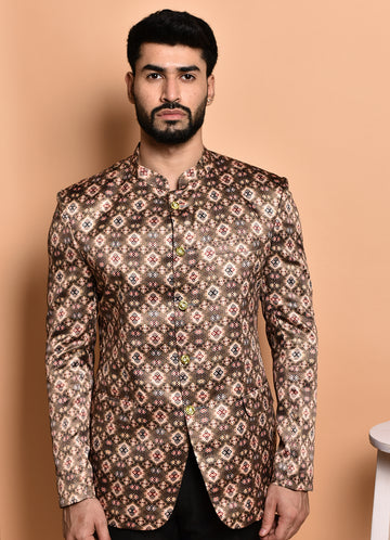 BOWLIFESTYLE Brown-Multi Cotton Blend Printed Blazer