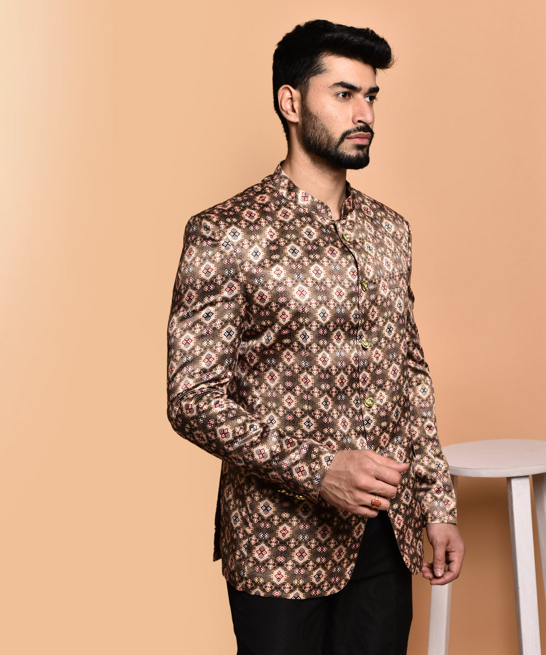 BOWLIFESTYLE Brown-Multi Cotton Blend Printed Blazer