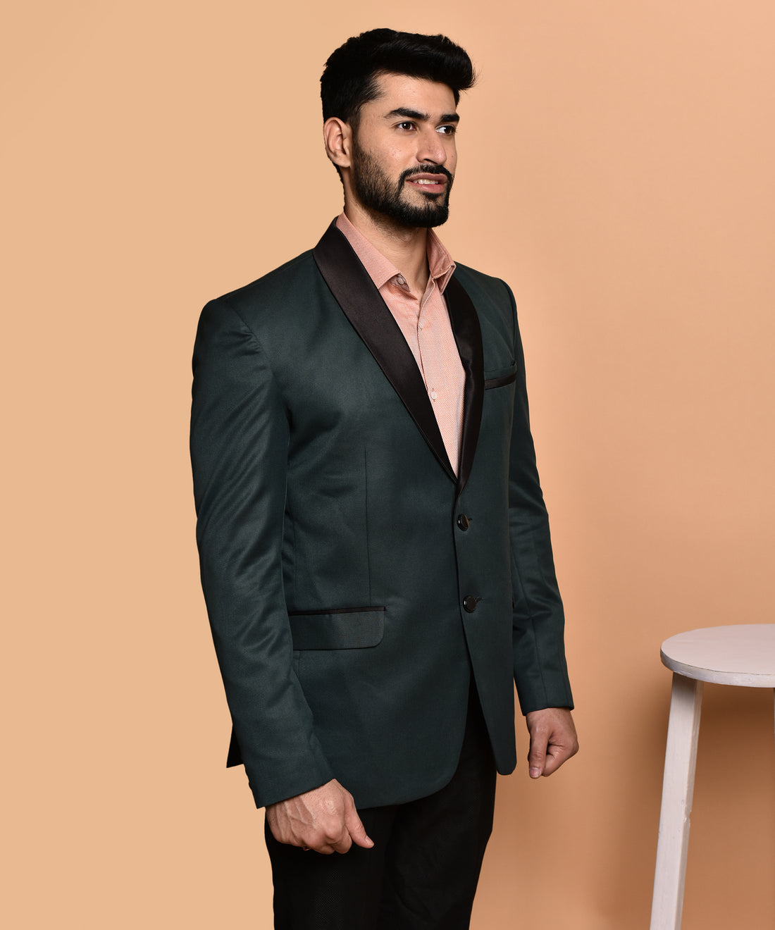 BOWLIFESTYLE Dark Green Cotton Blend Solid Blazer