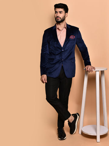 BOWLIFESTYLE Navy Blue Velvet Solid Blazer