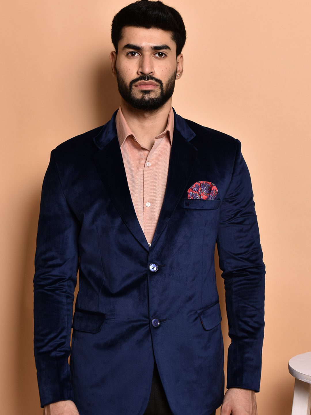 BOWLIFESTYLE Navy Blue Velvet Solid Blazer