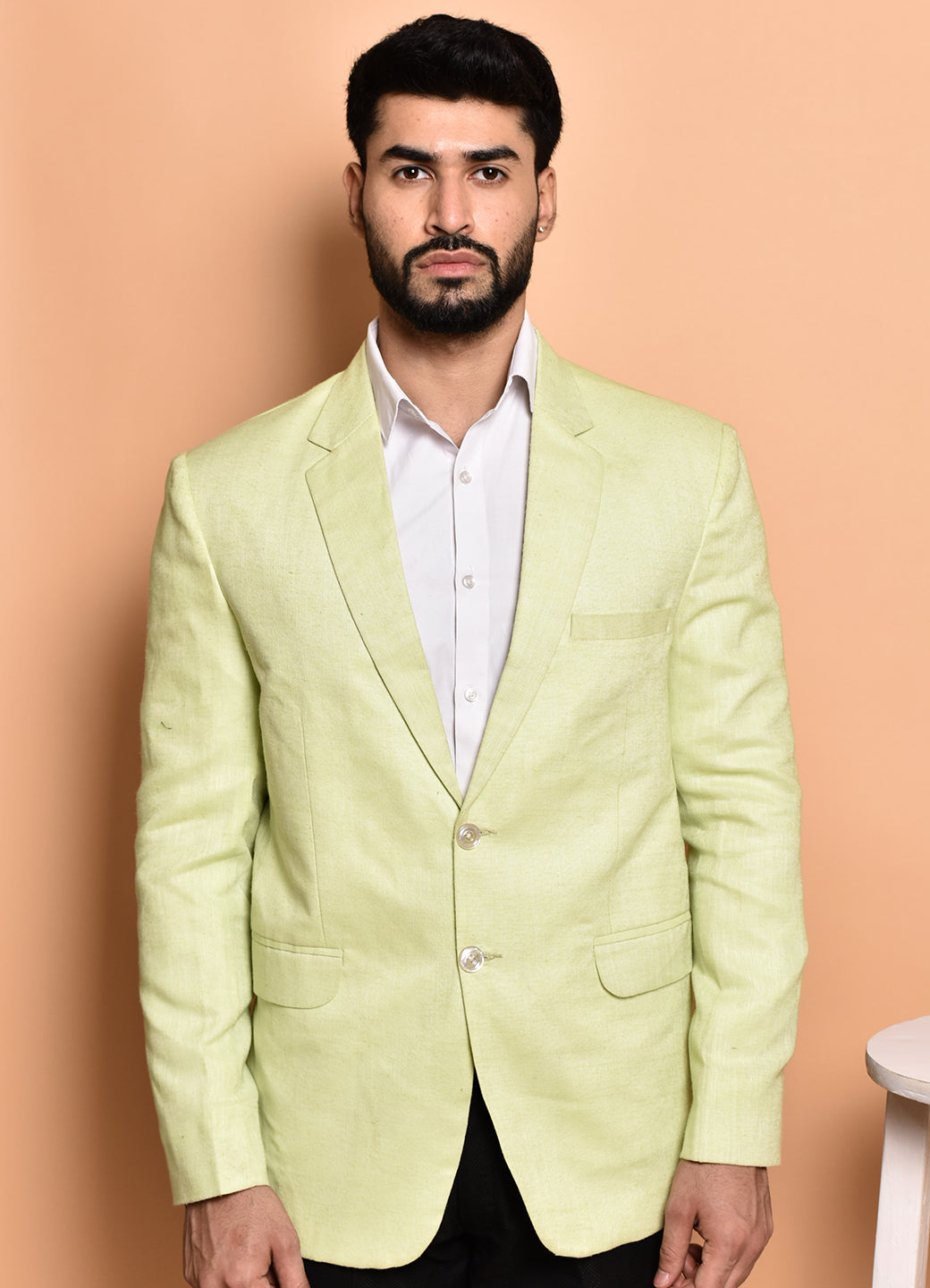 BOWLIFESTYLE Cream Cotton Blend Solid Blazer